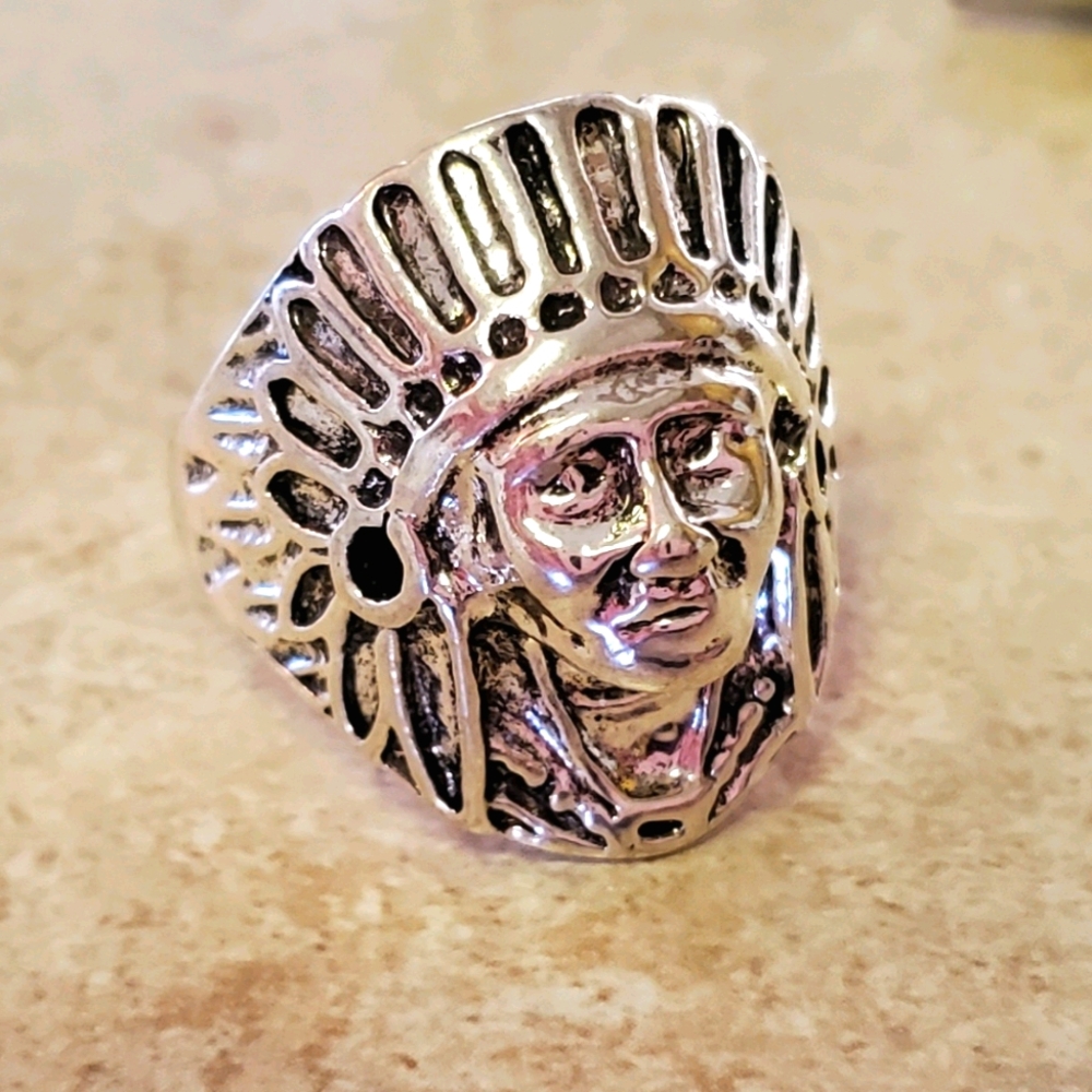 Indian Chief Ring Silver Plated Size 12